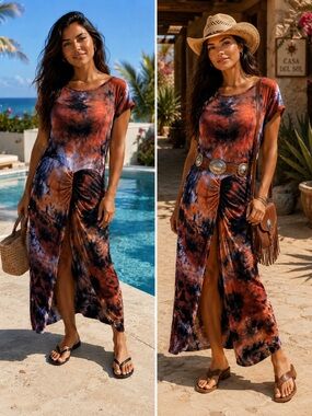 Venus Tie-Dye Maxi Dress XL NWT Ruched Waist Short Sleeve Stretch Bodycon